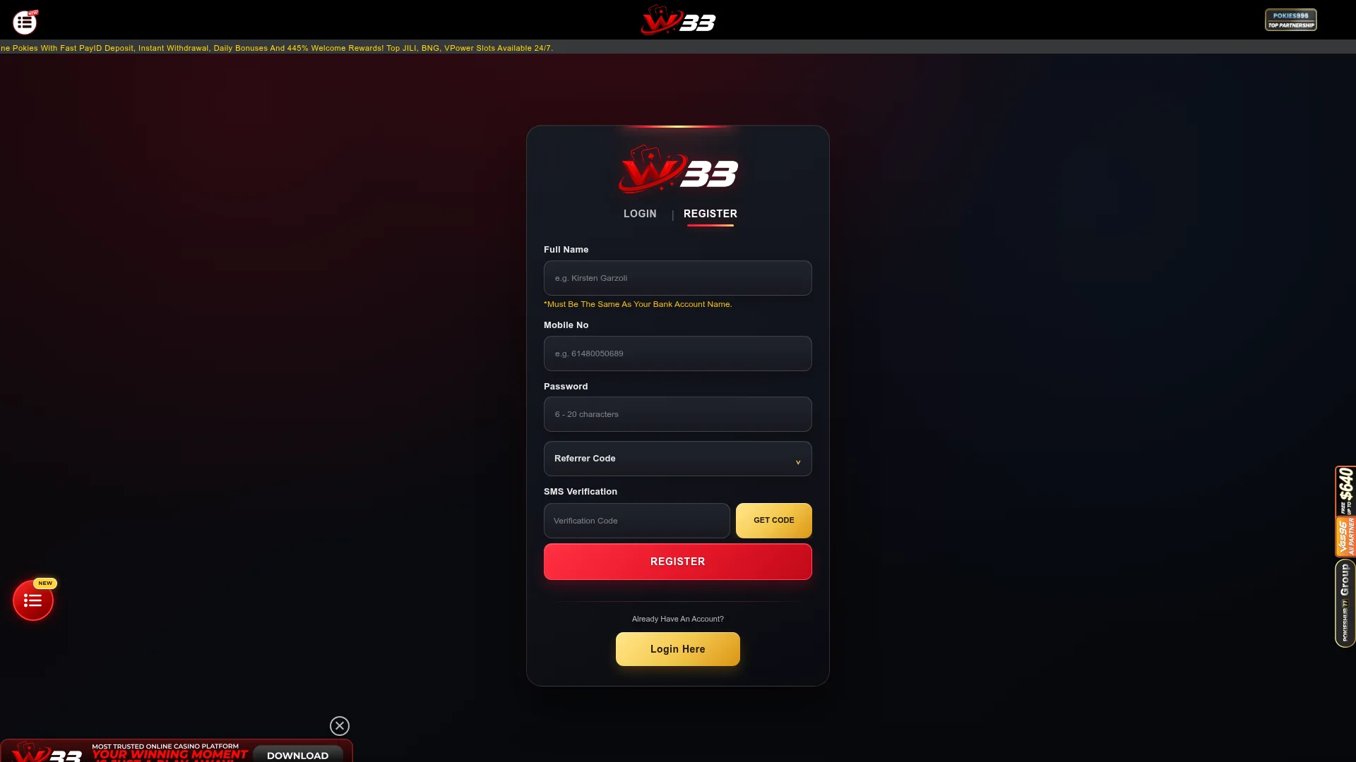 W33 Casino desktop platform with casino offers and AUD payment access
