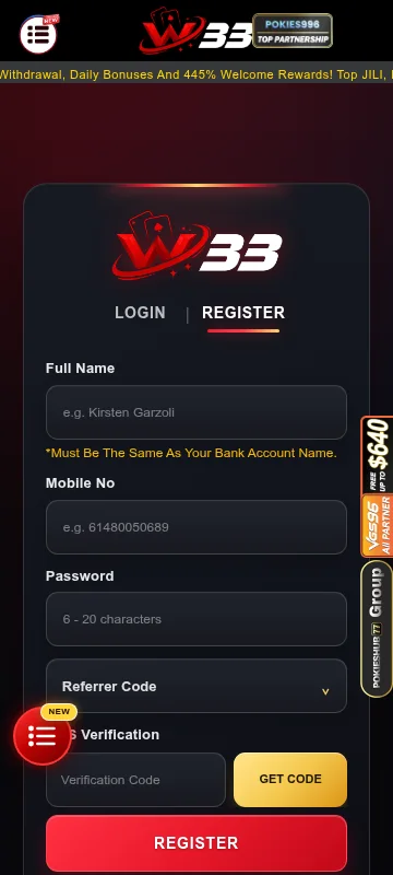 W33 Casino mobile platform with games, account access and payment features